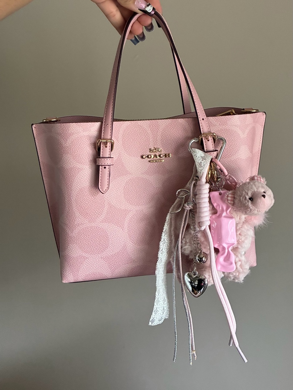 Plush Pink Teddy & Pom Pom Beaded Keychain Wristlet Bag Charmm